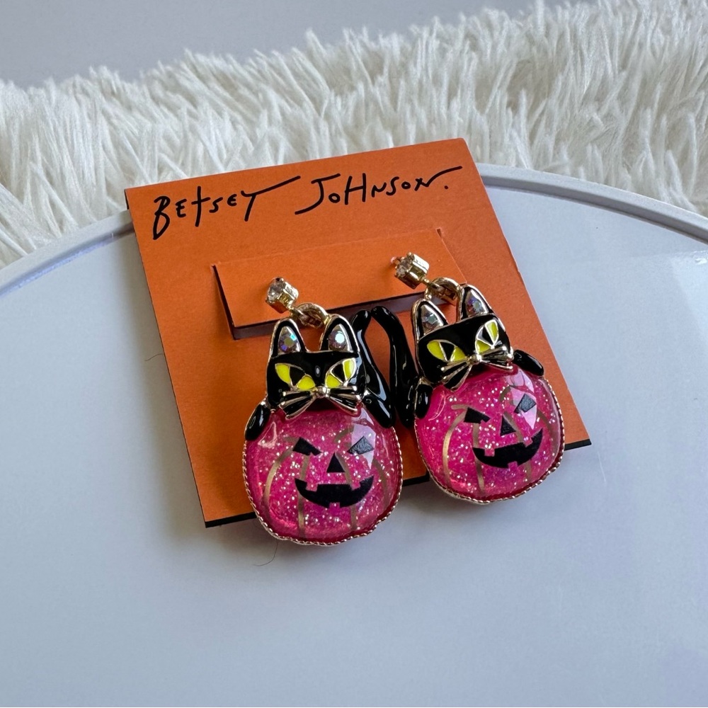Betsey Johnson Rare Halloween Pink Pumpkin Black Cat Earrings - Picture 4 of 12
